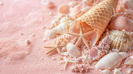 Canvas Print -  Pink beach with seashells and starfish under pink sky