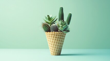 Wall Mural -   Ice cream cone filled with succulents and cacti against a soft green backdrop