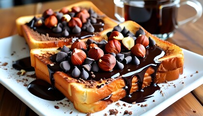 Wall Mural - Decadent Chocolate Hazelnut Spread on Crispy Toast for a Satisfying Breakfast Delight