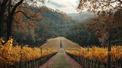 Canvas Print -   A group of trees adjacent to a cluster of yellow-leafed bushes and a hill in the distance