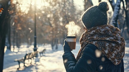 Sticker -   A woman sipping coffee amidst snow-covered benches and trees in a park