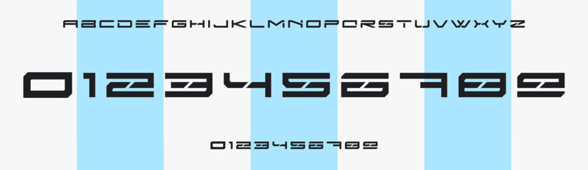 Poster - Futuristic angular font, sharp minimal numbers and letters, geometrical typeset for tech branding, sci-fi themes, user interfaces. Precise, sleek lines emphasize innovation and cutting-edge design