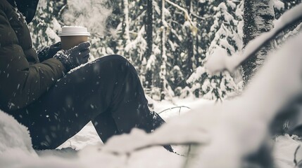 Poster -   A man in the snow holds two cups of coffee