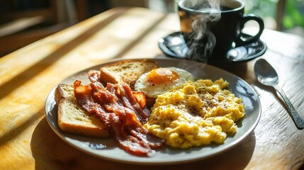 Canvas Print -   A plate with eggs, bacon, and toast on a table alongside a cup of coffee and a spoon