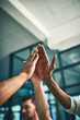 © CamPen2000/peopleimages.com - Business people, high five and hands together for achievement, low angle and collaboration success in office. Group, employee and workers with diversity, motivation or meeting for support or teamwork