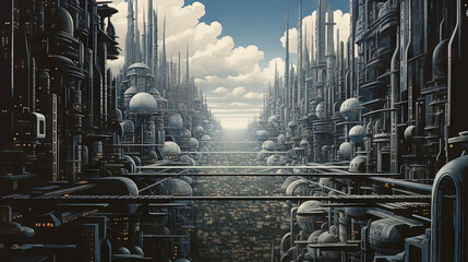 Poster - Futuristic cityscape scene with tall buildings and a long, empty street. Abstract sci-fi background