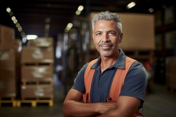 Sticker - Portrait of a hispanic middle aged male warehouse worker