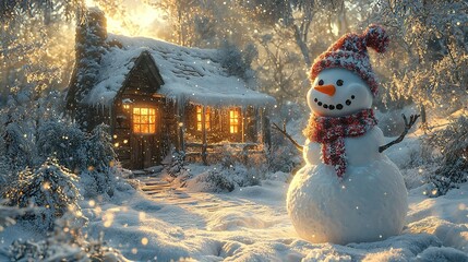 Sticker -   A snowman stands before a cozy cabin in a winter wonderland, illuminated by a warm window glow