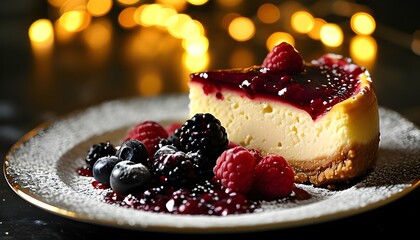 Wall Mural - Decadent cheesecake adorned with rich berry compote on an elegant plate