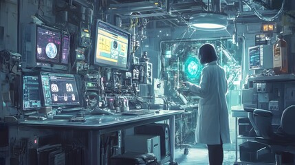 Futuristic Lab with a Scientist Examining a Hologram