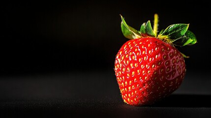 Wall Mural -   Close-up of a juicy strawberry on dark background with a green leaf on top