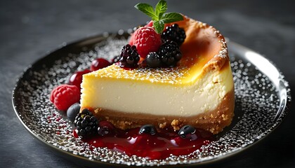 Wall Mural - Decadent cheesecake adorned with rich berry compote on an elegant plate