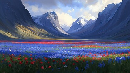 Poster -  A landscape painting featuring a field of wildflowers in front of majestic mountains, with an expansive cloud-filled sky above