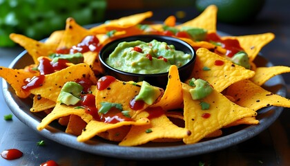 Wall Mural - Savory Spicy Nacho Platter Generously Topped with Creamy Guacamole and Flavorful Toppings