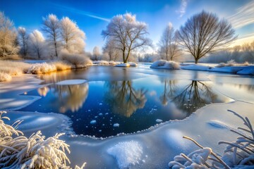 Poster - Serene frozen lake with snow-covered trees reflecting in ice