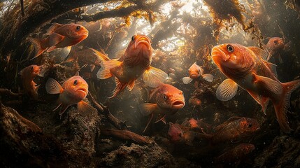 Wall Mural -   Red fish swim in a water-filled pond near a leafy tree