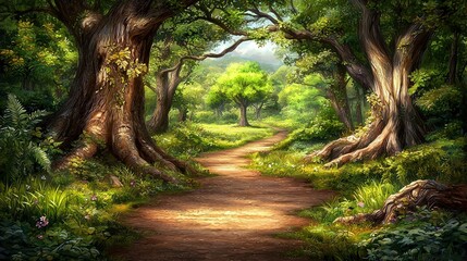 Wall Mural -   A path leads through dense forests, flanked by towering trees and a vivid green expanse beyond