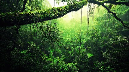   A vibrant green forest brimming with numerous trees and cascading mossy branches amidst a sea of towering trees and overhanging foliage