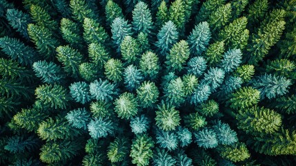 Poster -   A bird's-eye view of a grove of tall trees with lush green foliage crowning their tops