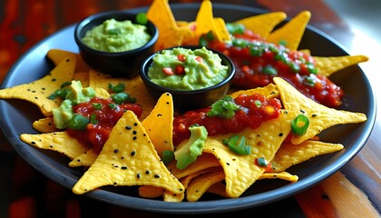 Wall Mural - Savory Spicy Nacho Platter Generously Topped with Creamy Guacamole and Flavorful Toppings