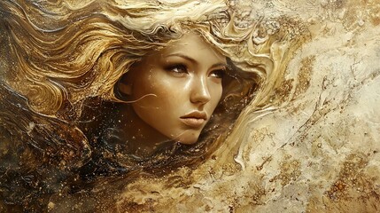 Canvas Print -   A woman's face, hair blowing in wind, against a painted backdrop