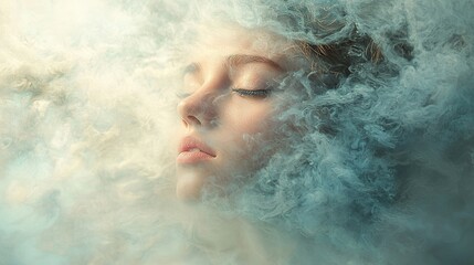 Canvas Print -   A woman with her eyes closed and smoke coming from her mouth