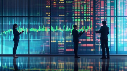 Poster - Business professionals analyzing financial data in a modern office setting during evening hours