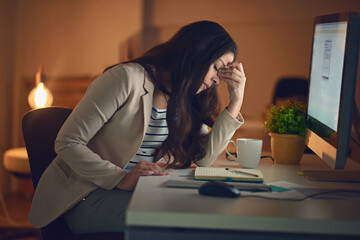 Poster - business woman, tired and computer with working late, fatigue and overworked in dark office. female 