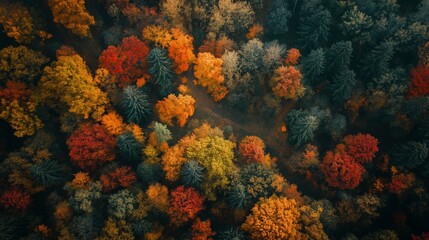 Poster - Aerial view of vibrant autumn forest with colorful foliage in various shades of orange, red, and yellow during a clear day