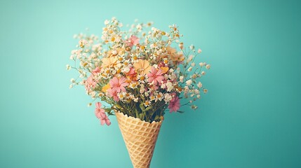 Wall Mural -   A blue background showcases a cone brimming with vibrant flowers perched atop a blue wall