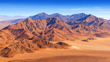 Sticker -   A panoramic shot of a desert landscape featuring towering sand dunes and majestic mountains in the background