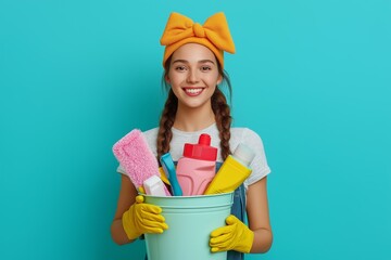 Young housemaid in her 20s wearing yellow gloves happily holds a bucket full of cleaning supplies against a blue background