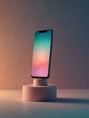 Wall Mural - Stylish smartphone on a glowing pedestal against a pastel background.