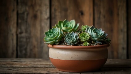 Succulents in a clay pot on an old wooden table.