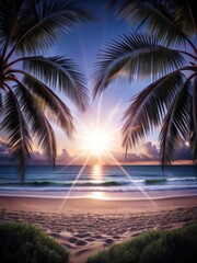 Wall Mural - Sunset view from a beach framed by swaying palm trees.