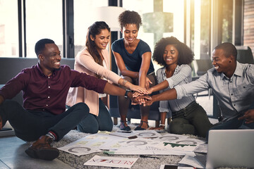 Poster - Business people, hands in and office floor with meeting and content creation planning and motivation. Teamwork, celebration and web creative agency with SEO update strategy with diversity and startup