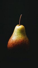 Wall Mural -   A close-up of a pear on a black background with a green stem and a brown spot atop it