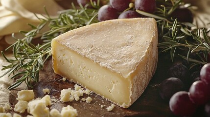 Wall Mural -   A slice of cheese resting atop a wooden platter beside grapes and a pile of cheese on a nearby table