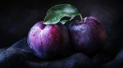 Poster -   Close-up of two plums with green leaf on black cloth with water droplets