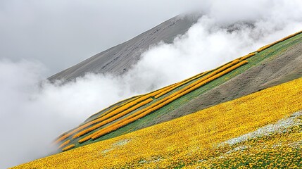 Canvas Print -  Yellow and white flowers cover a hillside, with a mountain in the background as clouds fill the sky