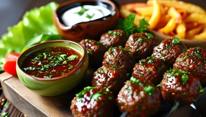 Wall Mural - Tangy BBQ Meatballs with Flavorful Dipping Sauce on an Appetizing Snack Platter