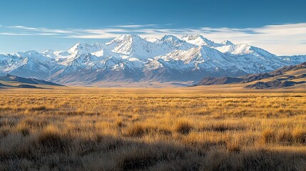 Poster -   A mountain range in the distance with brown grass in the foreground and a blue sky in the background