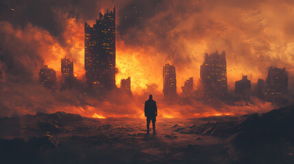 Man standing field sky background black metal album cover city fire orange tones twisted lucid dream path exile gold ghosts machine ruined lost despair golden descent. Lost City. Illustration