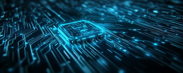 Glowing Blue Circuit Board with Integrated Chip, 3D Render, Futuristic Technology, Electronics, Artificial Intelligence, AI, Cyberpunk