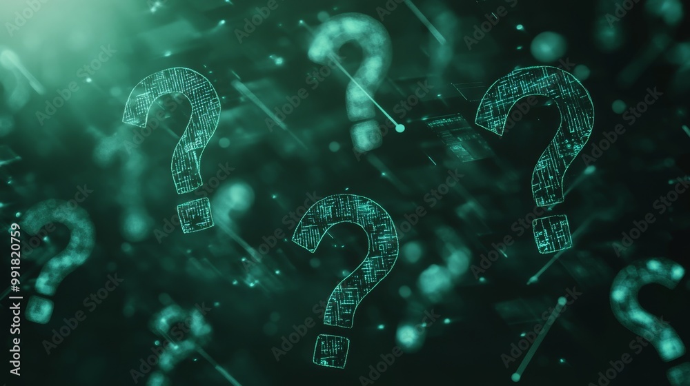 Curiosity represented by floating question marks on a dark green ...