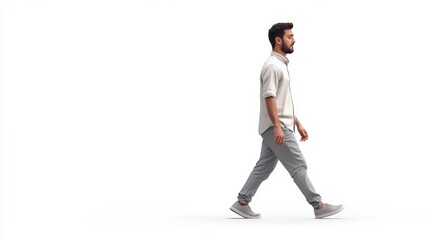 Man Walking Sideways in Casual Clothes, 3D Render, Side View, Casual Clothing, White Background, Man, Walk