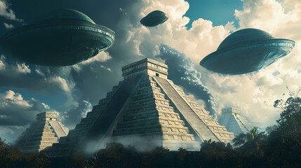 Mayan pyramids surrounded by anti gravity fields, as scholars study advanced astronomy with alien tech. Mayan Pyramid. Illustration