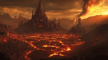 The Burning City - A Dark Fantasy Cityscape, Digital Painting, Flaming Ruins, Dark Fantasy, Apocalyptic City, Fire