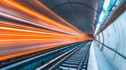 Train Lights Blur in Tunnel, Long Exposure Photography, Train Tracks, Speed, Urban Transportation, Railway, Subway