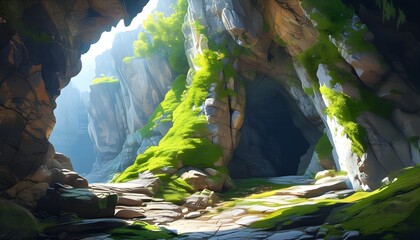 Mystical cave entrance illuminated by sunlight, featuring rugged rocky walls adorned with vibrant green moss, symbolizing exploration and outdoor beauty